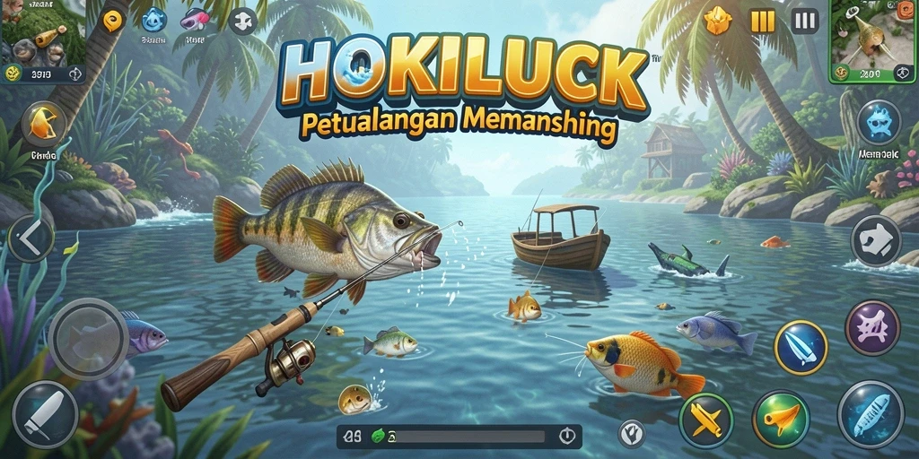 Screenshot gameplay HOKILUCK yang menampilkan aksi memancing penuh petualangan.