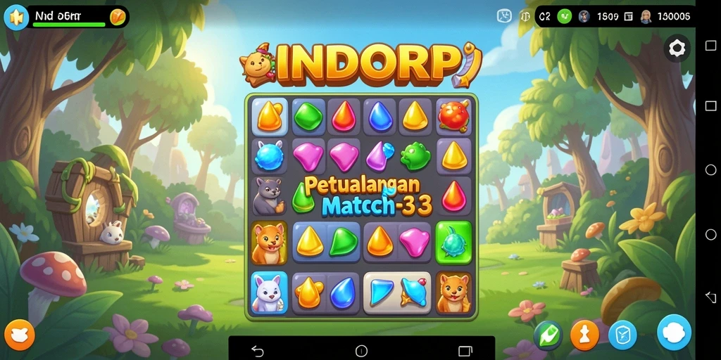 Tampilan colorful dari gameplay INDORP dengan kombinasi match-3 yang seru.