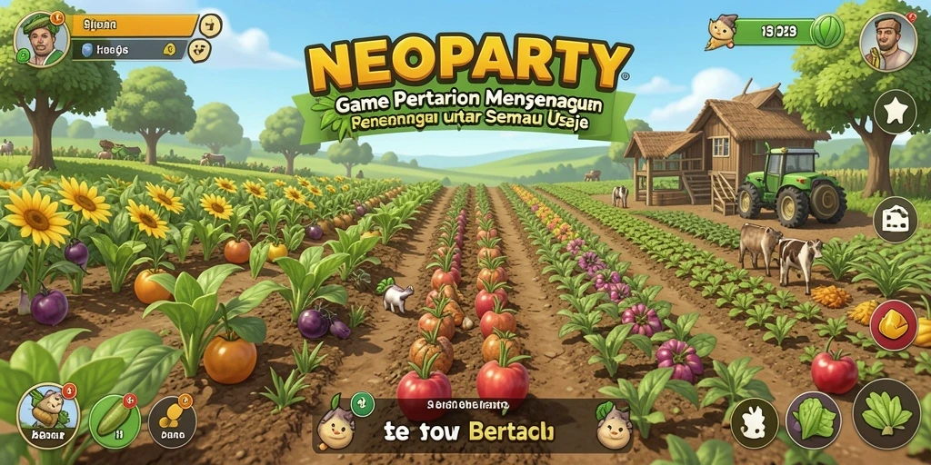 Tangkapan layar utama NEOPARTY menampilkan aktivitas bertani yang seru dan interaktif.