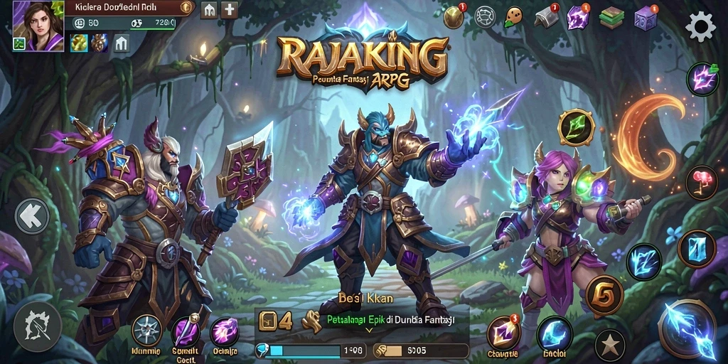 Gameplay seru RAJAKING dengan pertempuran menantang di dunia fantasi.