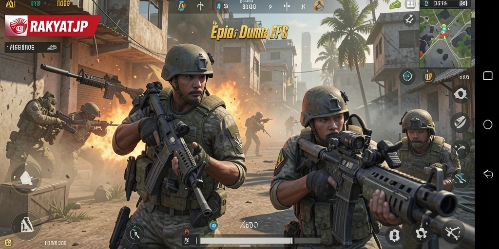 Screenshot gameplay RAKYATJP menampilkan aksi menegangkan dari pertempuran FPS.