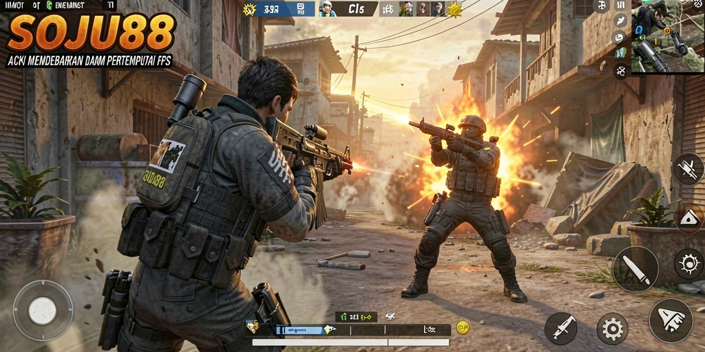 Screenshot menampilkan aksi seru dalam game FPS SOJU88.