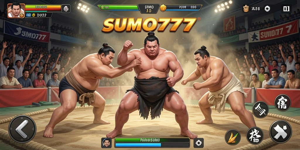 Screenshot SUMO777 menampilkan gameplay pertarungan sumo yang seru dan mendebarkan.