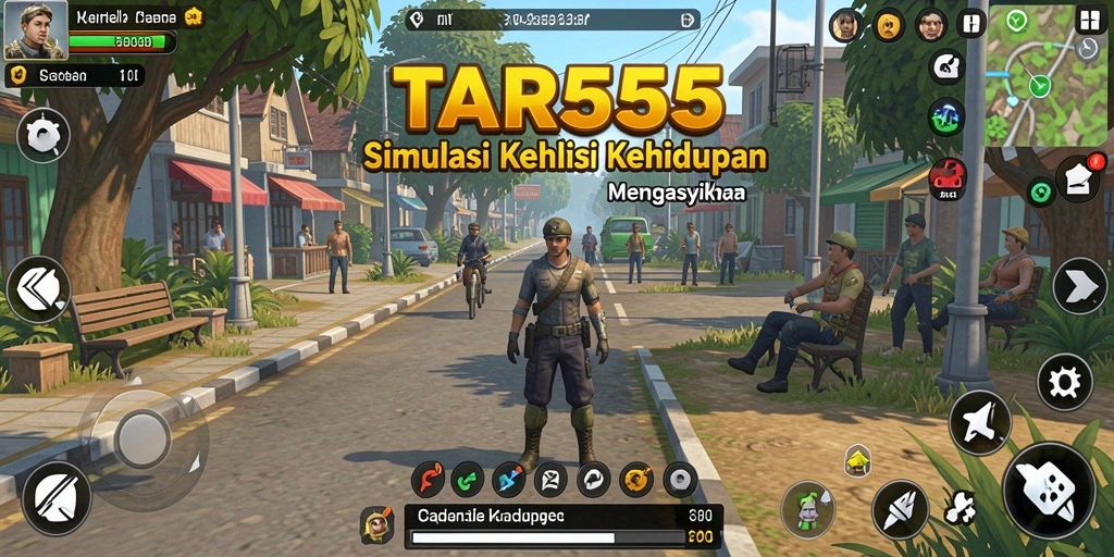Tangkapan layar TAR555 menampilkan karakter utama dalam dunia simulasi yang penuh warna.