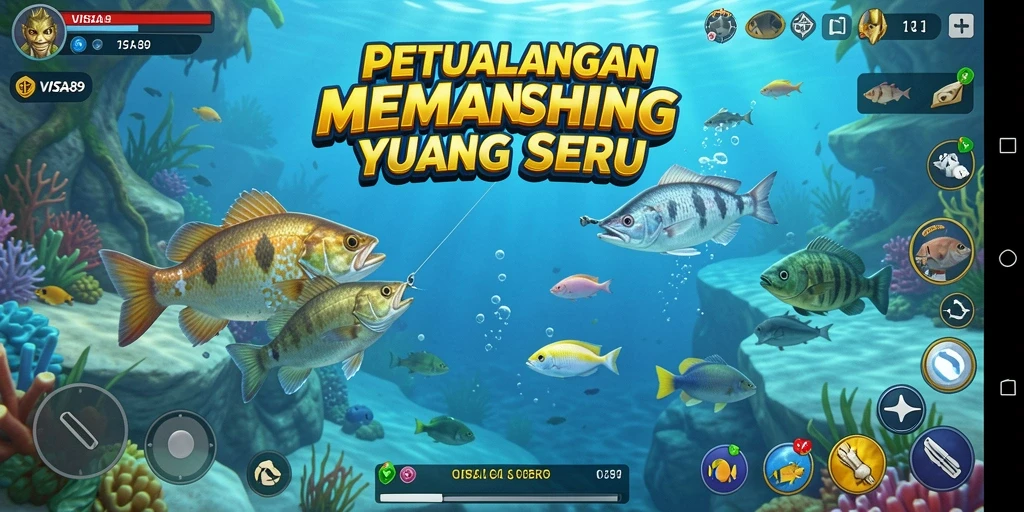 Screenshot utama VISA89 menampilkan pemain dalam aksi memancing yang seru.