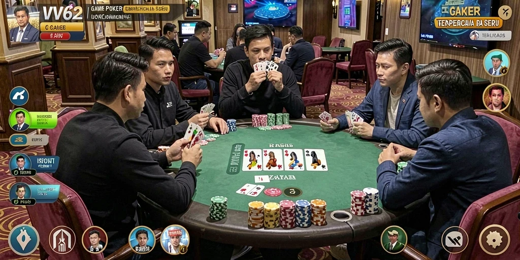 Screenshot gameplay VV62 menampilkan pengalaman poker yang mendebarkan.